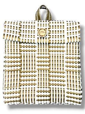 Maria Victoria Large Handmade Woven Backpack Gold White Boho Resort Statement